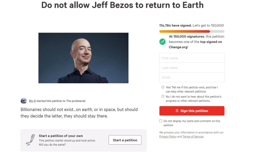Jeff Bezos leci w kosmos i niech tam zostanie. Chce tego ponad 100 tys. ludzi