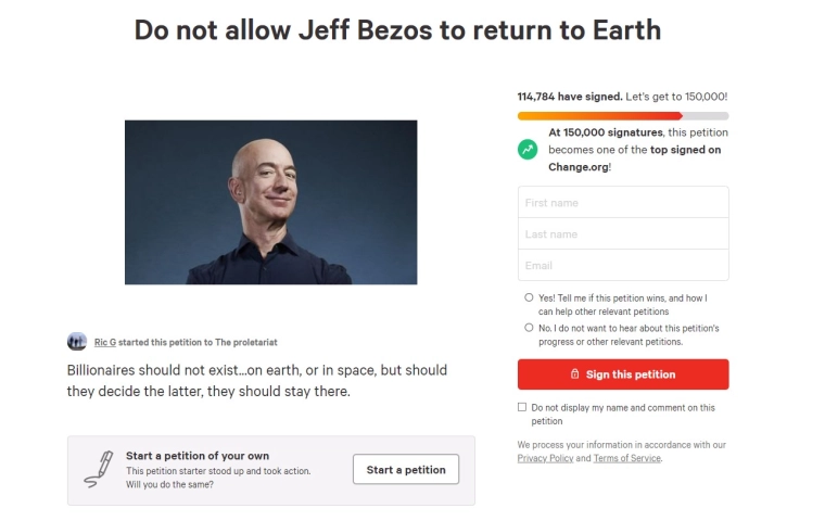 Jeff Bezos leci w kosmos i niech tam zostanie. Chce tego ponad 100 tys. ludzi