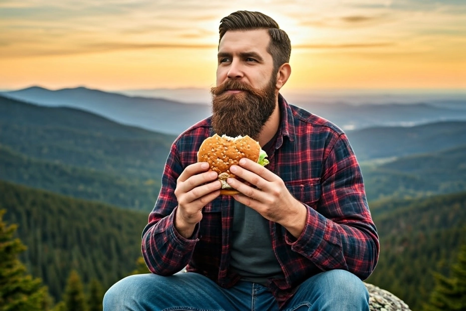 hipster je kanapkę drwala w górach