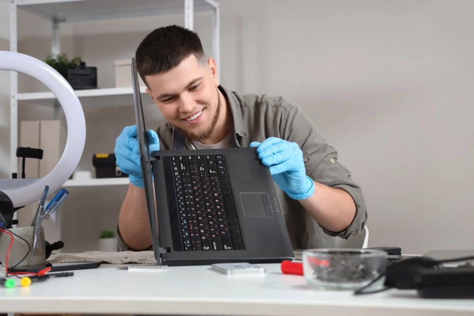 technik naprawiający laptopa