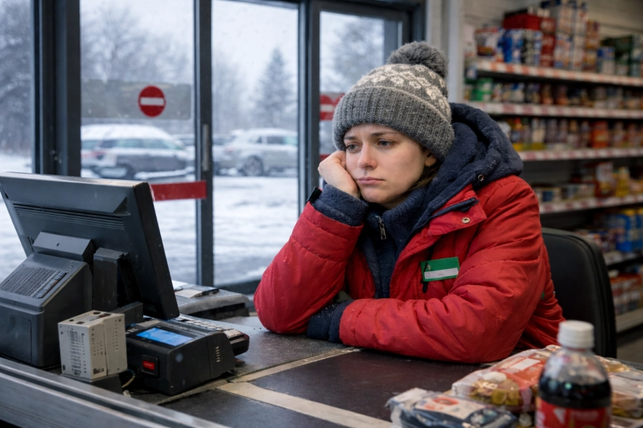 zmarznięta kasjerka w markecie