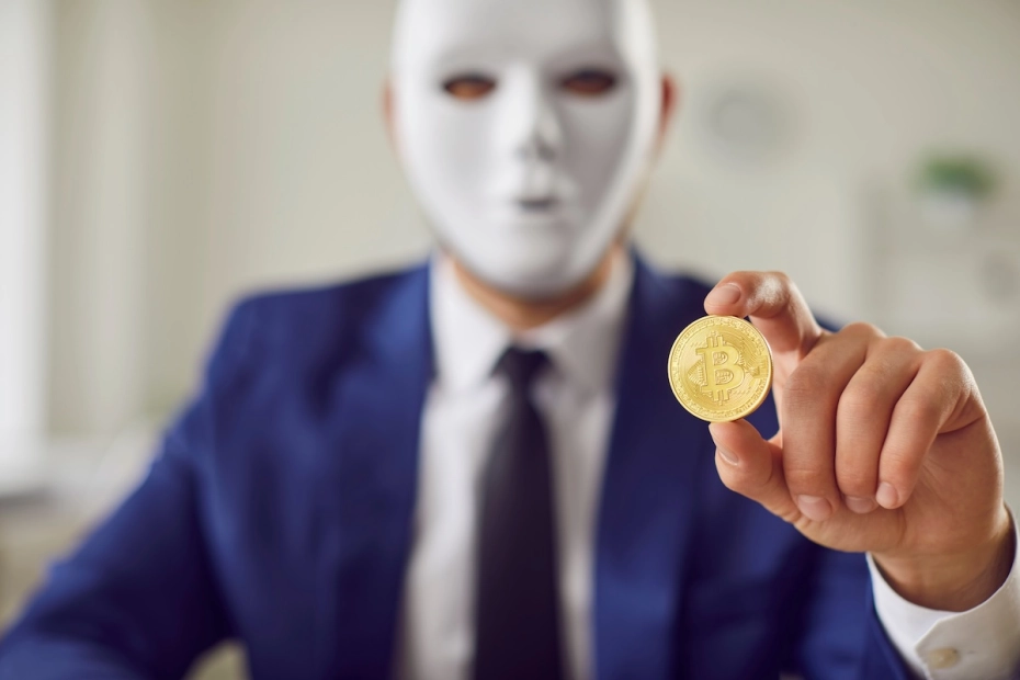 mężczyzna w masce trzyma bitcoina