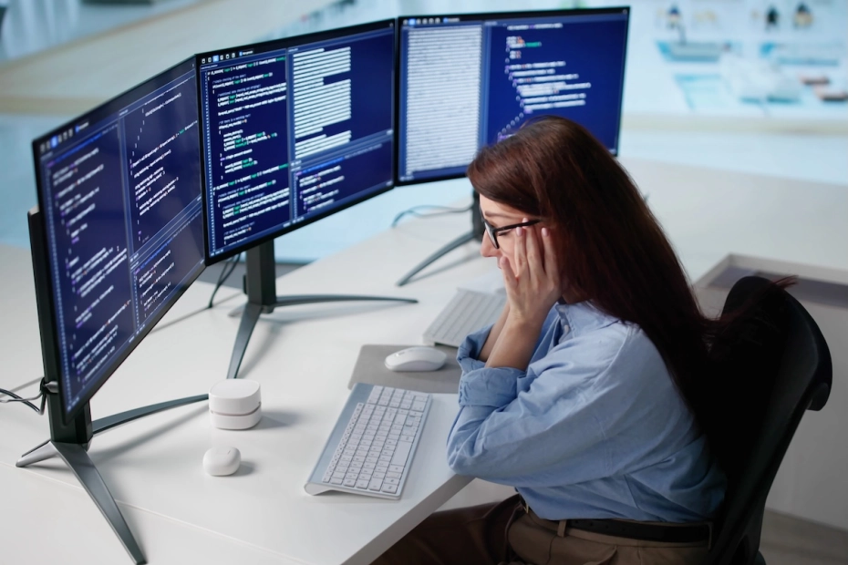 programistka przed ekranami komputera