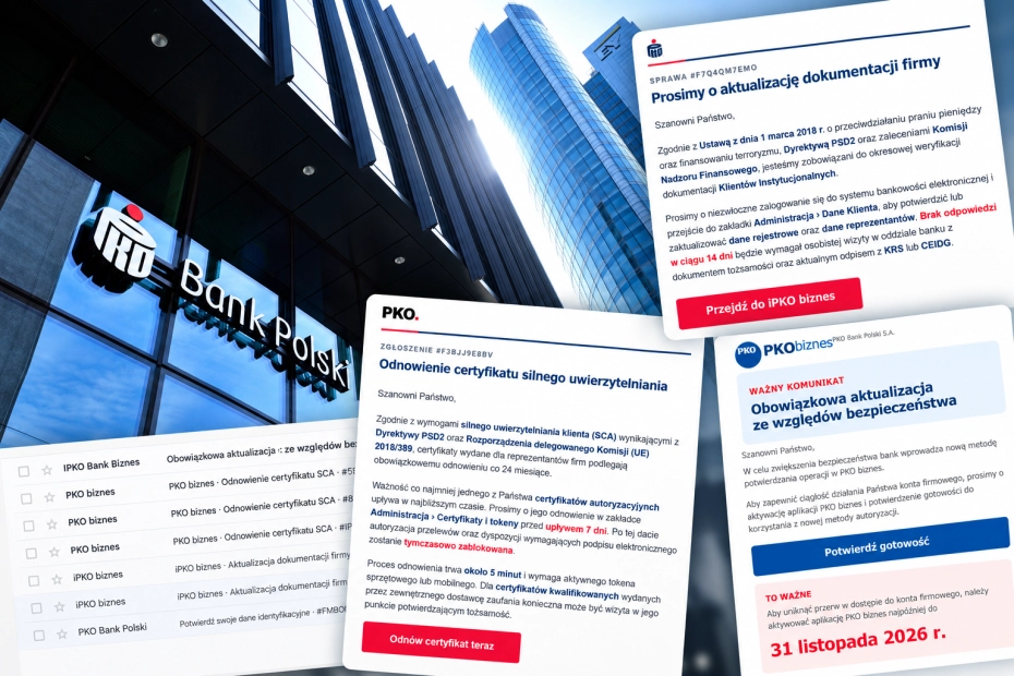 Oszuści podszywają się pod PKO Bank Polski i wysyłają przedsiębiorcom fałszywe wezwania do aktualizacji danych oraz odnowienia certyfikatów.