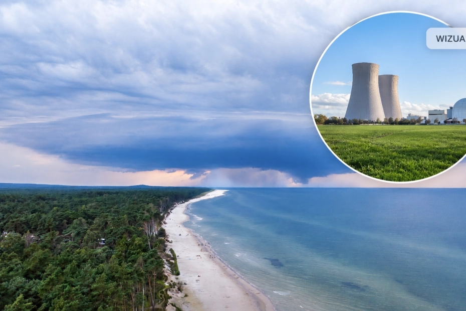 W Lubiatowie-Kopalinie ma powstać pierwsza polska elektrownia jądrowa. Obiekt na grafice przedstawiono w formie wizualizacji.
